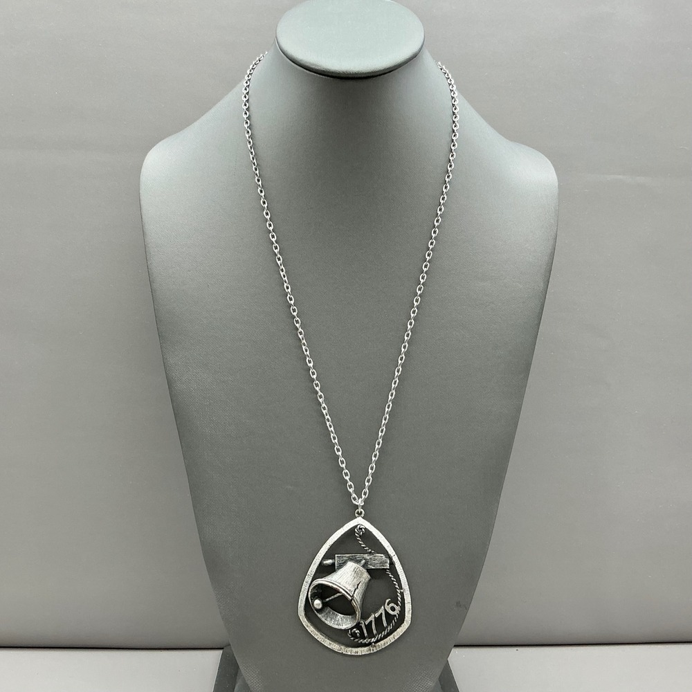 Liberty Bell 1776 Pendant Necklace Women Silver Tone Patriotic Bicentennial
